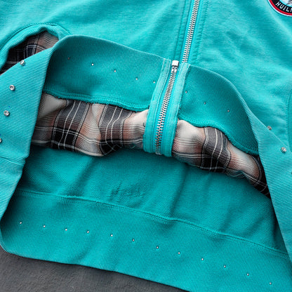 Heavily Distressed Zip Up Hoodie - Mint Studded Ripped Plaid Lining Y2K
