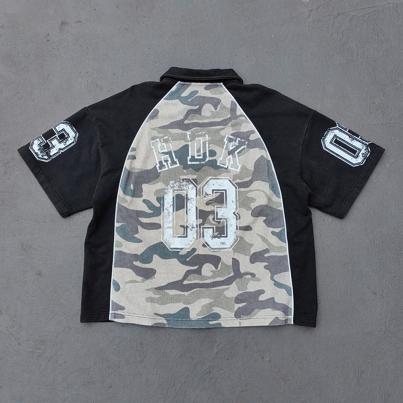 Camo Color Block Half Zip Polo - HUILI 2003 Print Y2K Rugby Shirt Streetwear