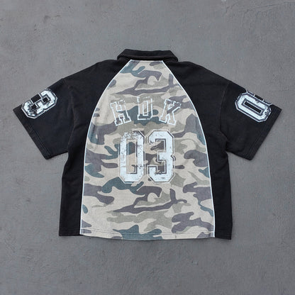 Camo Color Block Half Zip Polo - HUILI 2003 Print Y2K Rugby Shirt Streetwear