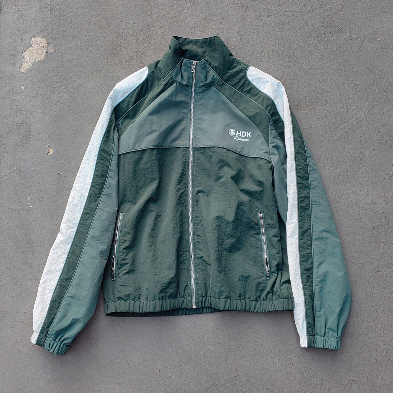 Dark Green Color Block Tracksuit - Y2K Reflective Panel Windbreaker Jacket and Shorts Set
