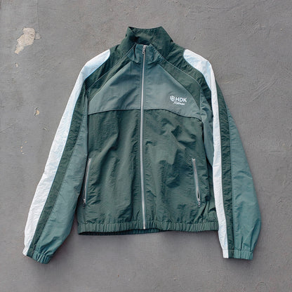 Dark Green Color Block Tracksuit - Y2K Reflective Panel Windbreaker Jacket and Shorts Set