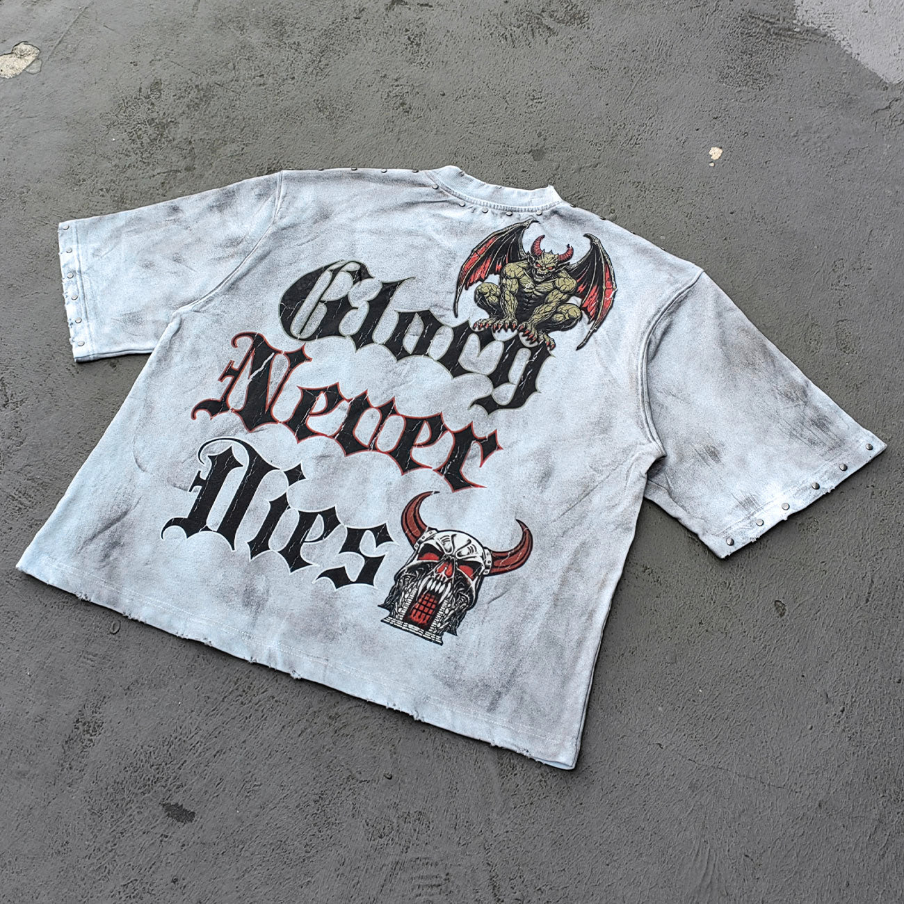 Holy Glory Rhinestone Graphic Tee - White Acid Wash Demon Skull Print Studded Ripped Y2K Streetwear