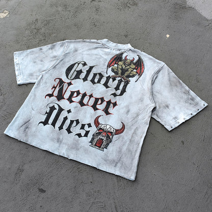 Holy Glory Rhinestone Graphic Tee - White Acid Wash Demon Skull Print Studded Ripped Y2K Streetwear