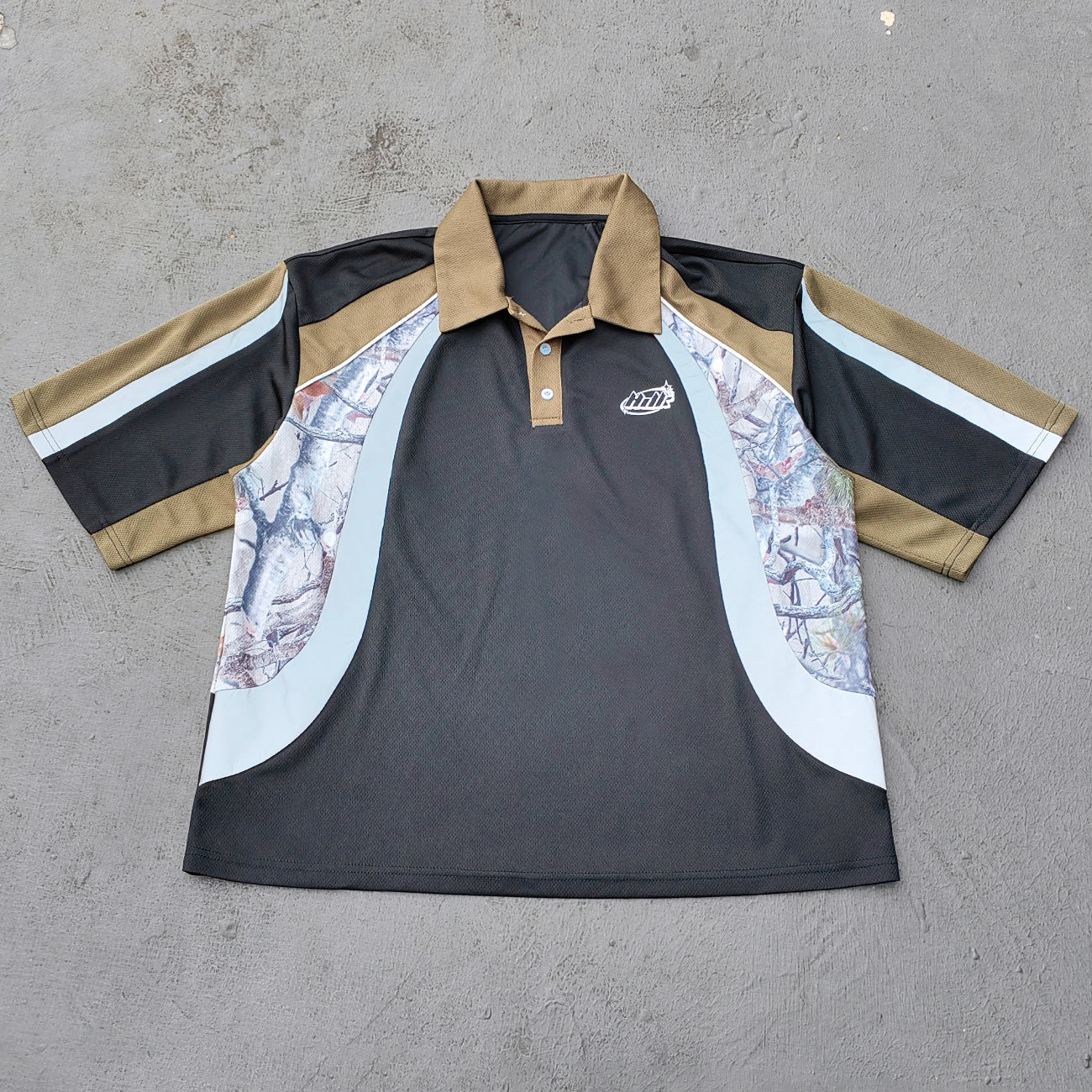 Color Block Polo Shirt - Black Olive Camo Panel HDK Logo Sporty Jersey Y2K Streetwear