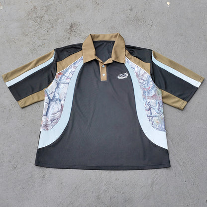 Color Block Polo Shirt - Black Olive Camo Panel HDK Logo Sporty Jersey Y2K Streetwear