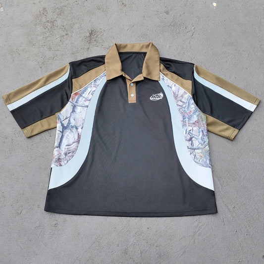 Color Block Polo Shirt - Black Olive Camo Panel HDK Logo Sporty Jersey Y2K Streetwear