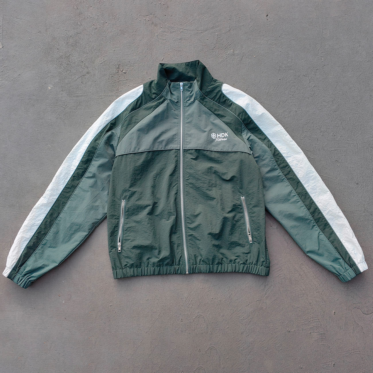 Dark Green Color Block Tracksuit - Y2K Reflective Panel Windbreaker Jacket and Shorts Set