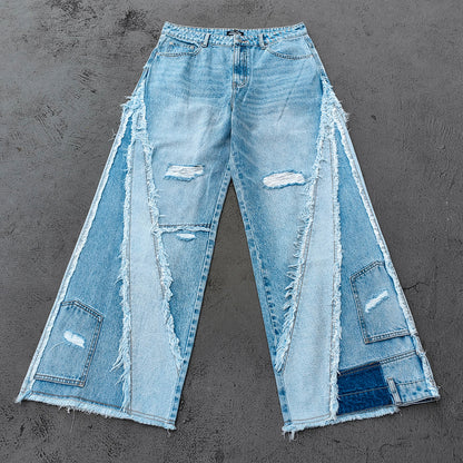 Wide Leg Jeans - Light Blue Acid Wash Frayed Patchwork Ripped Distressed Raw Hem Y2K Streetwear