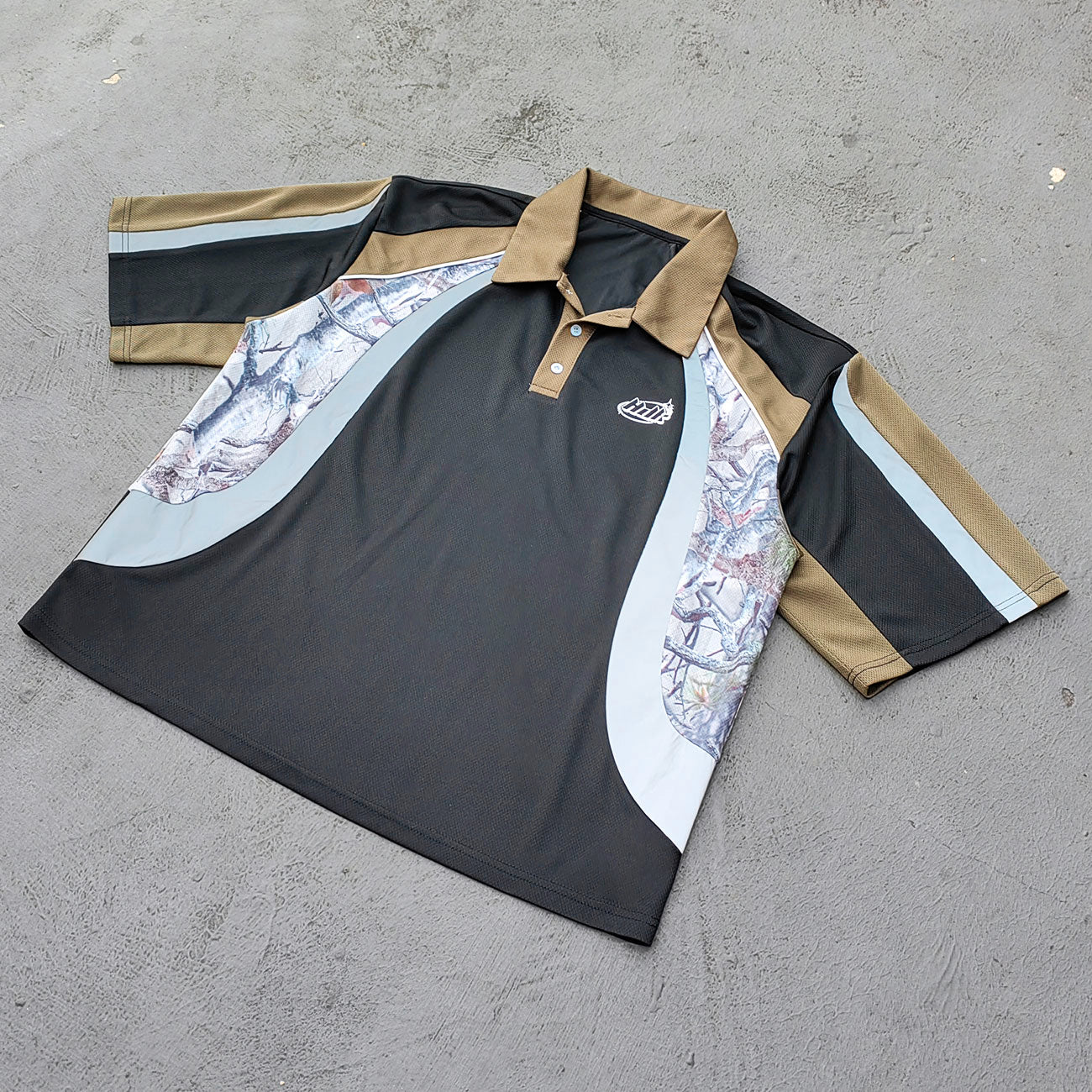 Color Block Polo Shirt - Black Olive Camo Panel HDK Logo Sporty Jersey Y2K Streetwear