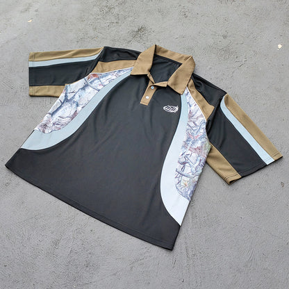 Color Block Polo Shirt - Black Olive Camo Panel HDK Logo Sporty Jersey Y2K Streetwear