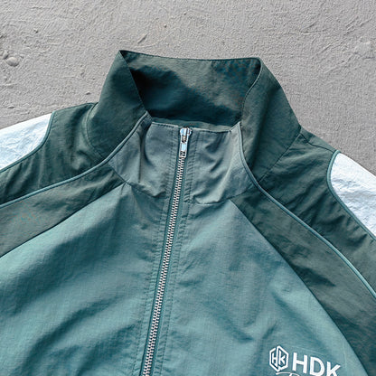Dark Green Color Block Tracksuit - Y2K Reflective Panel Windbreaker Jacket and Shorts Set