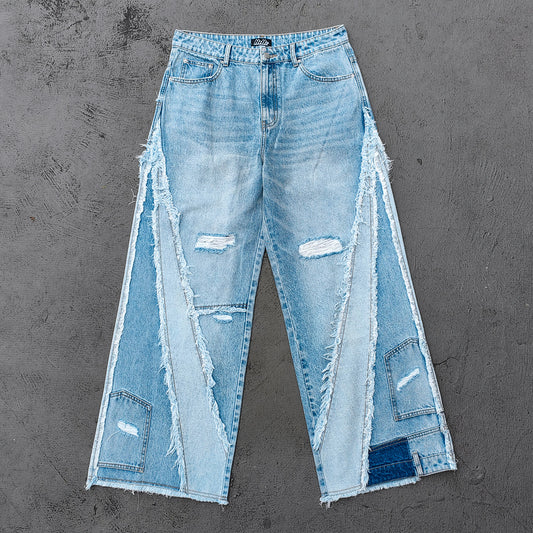 Wide Leg Jeans - Light Blue Acid Wash Frayed Patchwork Ripped Distressed Raw Hem Y2K Streetwear