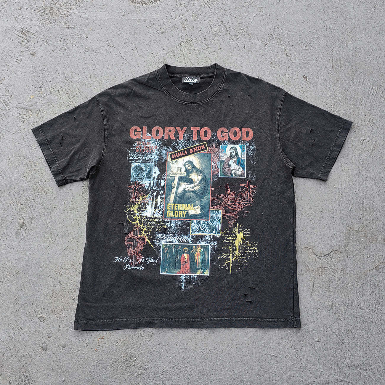 GLORY TO GOD Graphic Tee - Black Acid Wash Religious Jesus Collage Print Distressed Ripped Y2K Streetwear