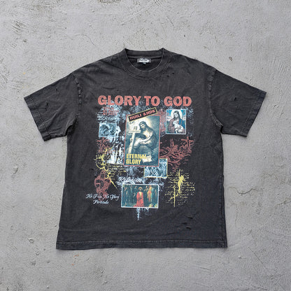 GLORY TO GOD Graphic Tee - Black Acid Wash Religious Jesus Collage Print Distressed Ripped Y2K Streetwear