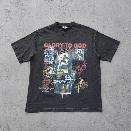 GLORY TO GOD Graphic Tee - Black Acid Wash Religious Jesus Collage Print Distressed Ripped Y2K Streetwear
