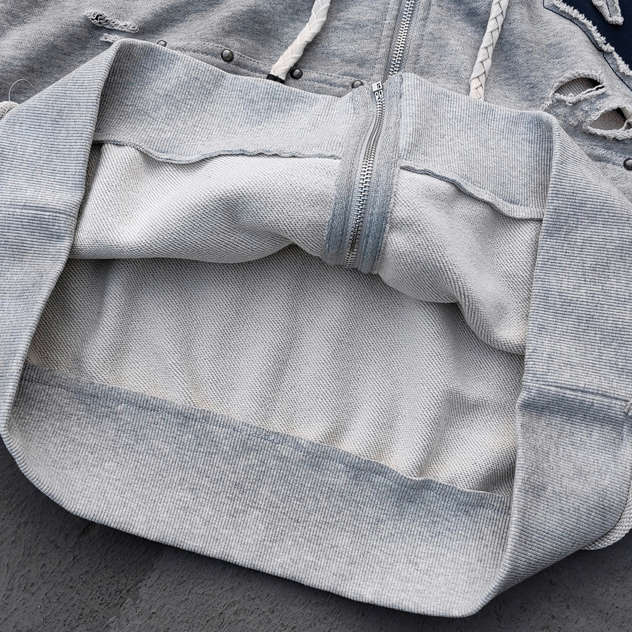 Varsity Letter Patch Zip Up Hoodie - Tri Color Ripped Distressed Y2K Streetwear
