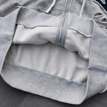 Varsity Letter Patch Zip Up Hoodie - Tri Color Ripped Distressed Y2K Streetwear