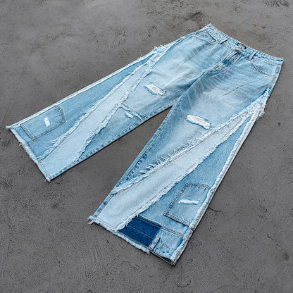 Wide Leg Jeans - Light Blue Acid Wash Frayed Patchwork Ripped Distressed Raw Hem Y2K Streetwear
