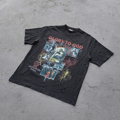 GLORY TO GOD Graphic Tee - Black Acid Wash Religious Jesus Collage Print Distressed Ripped Y2K Streetwear