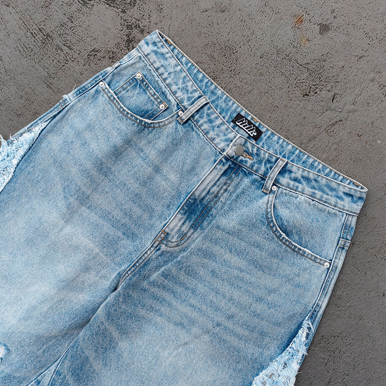 Wide Leg Jeans - Light Blue Acid Wash Frayed Patchwork Ripped Distressed Raw Hem Y2K Streetwear