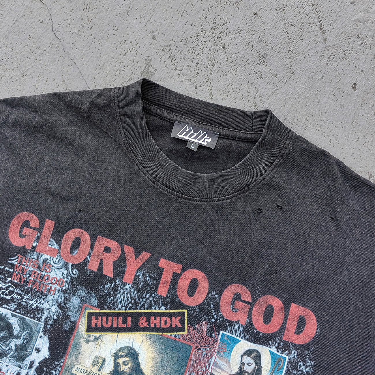 GLORY TO GOD Graphic Tee - Black Acid Wash Religious Jesus Collage Print Distressed Ripped Y2K Streetwear