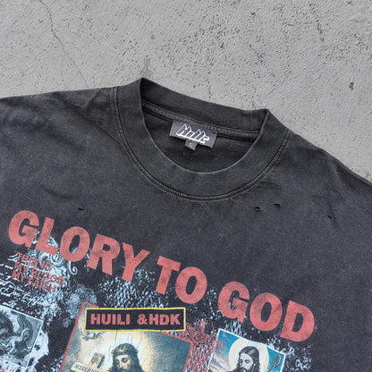 GLORY TO GOD Graphic Tee - Black Acid Wash Religious Jesus Collage Print Distressed Ripped Y2K Streetwear