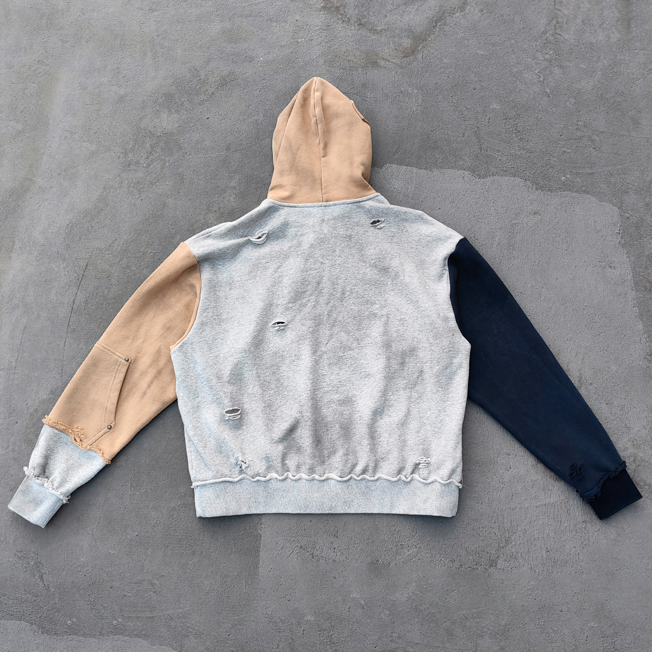 Varsity Letter Patch Zip Up Hoodie - Tri Color Ripped Distressed Y2K Streetwear