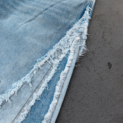 Wide Leg Jeans - Light Blue Acid Wash Frayed Patchwork Ripped Distressed Raw Hem Y2K Streetwear