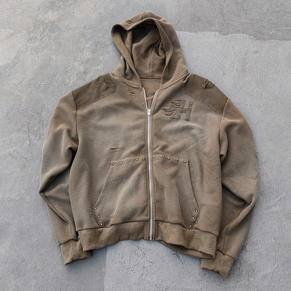Waffle Knit Zip Up Hoodie - Olive Green Studded Ripped Distressed Y2K Streetwear