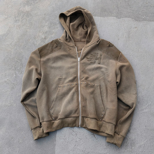 Waffle Knit Zip Up Hoodie - Olive Green Studded Ripped Distressed Y2K Streetwear