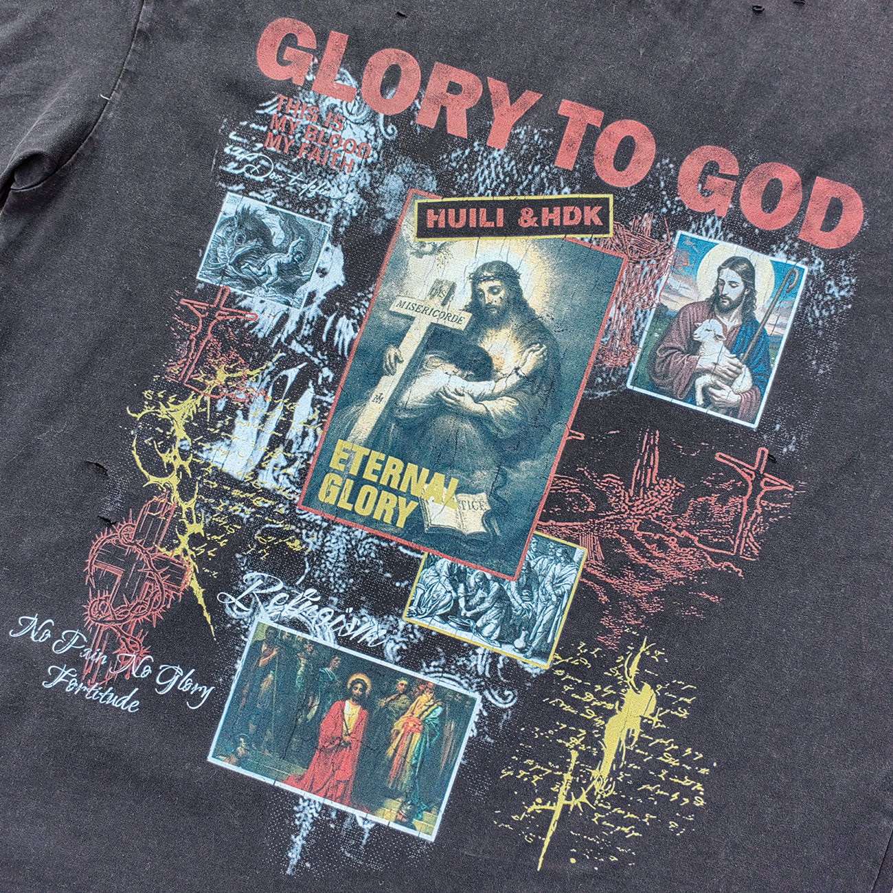 GLORY TO GOD Graphic Tee - Black Acid Wash Religious Jesus Collage Print Distressed Ripped Y2K Streetwear