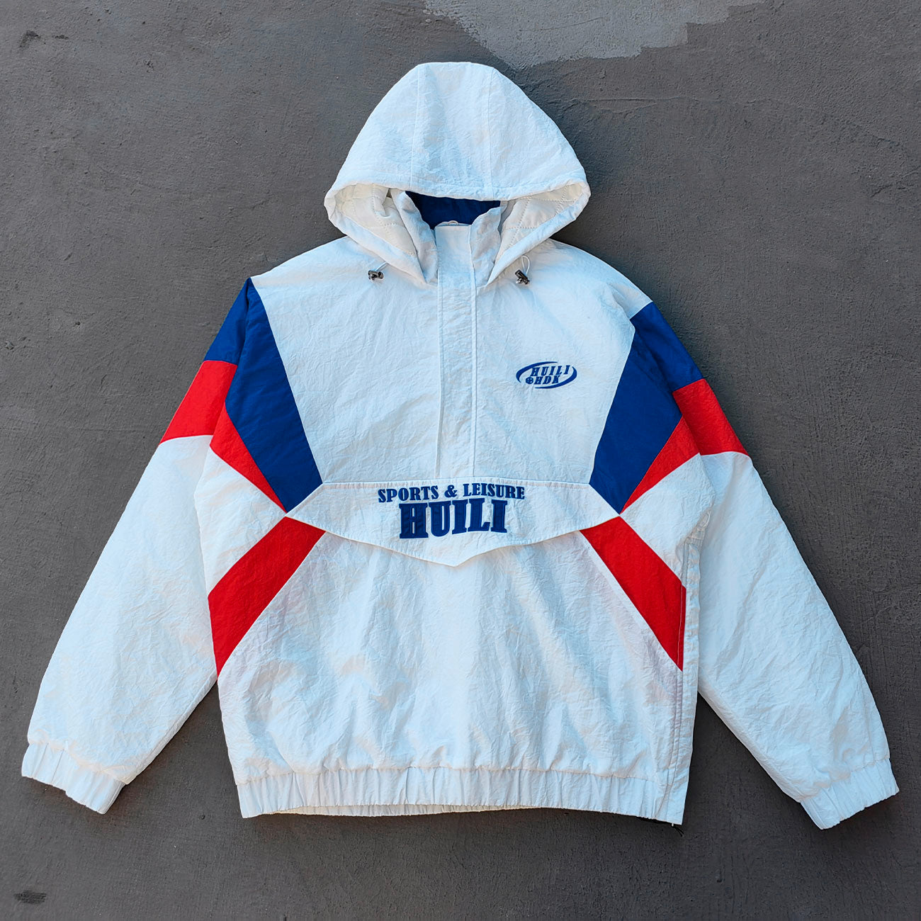Color Block Hooded Anorak - White Red Blue Y2K Half Zip Windbreaker