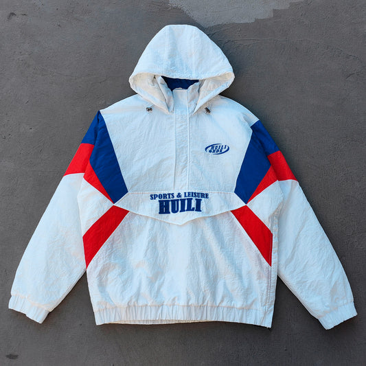 Color Block Hooded Anorak - White Red Blue Y2K Half Zip Windbreaker