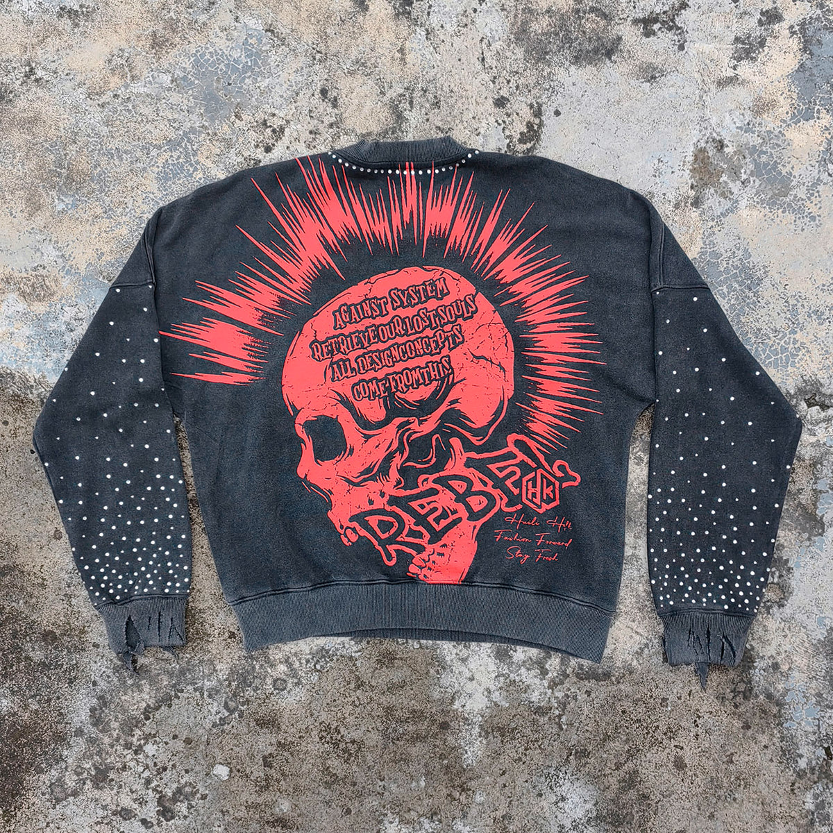 Camouflage Distressed Crewneck - Rhinestone Heart Studded Sweatshirt