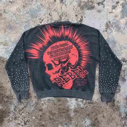 Camouflage Distressed Crewneck - Rhinestone Heart Studded Sweatshirt