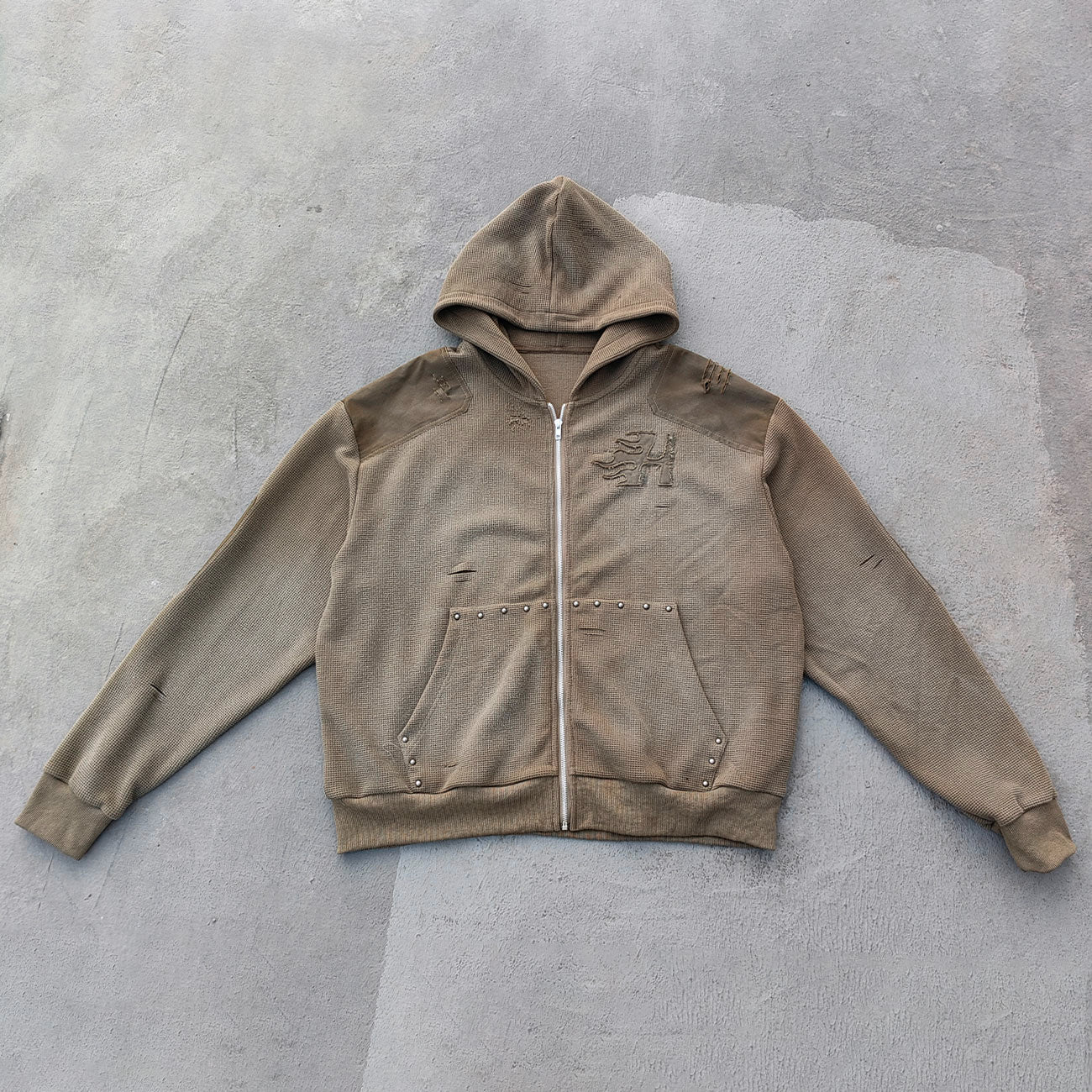 Waffle Knit Zip Up Hoodie - Olive Green Studded Ripped Distressed Y2K Streetwear