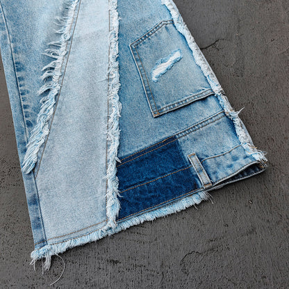 Wide Leg Jeans - Light Blue Acid Wash Frayed Patchwork Ripped Distressed Raw Hem Y2K Streetwear
