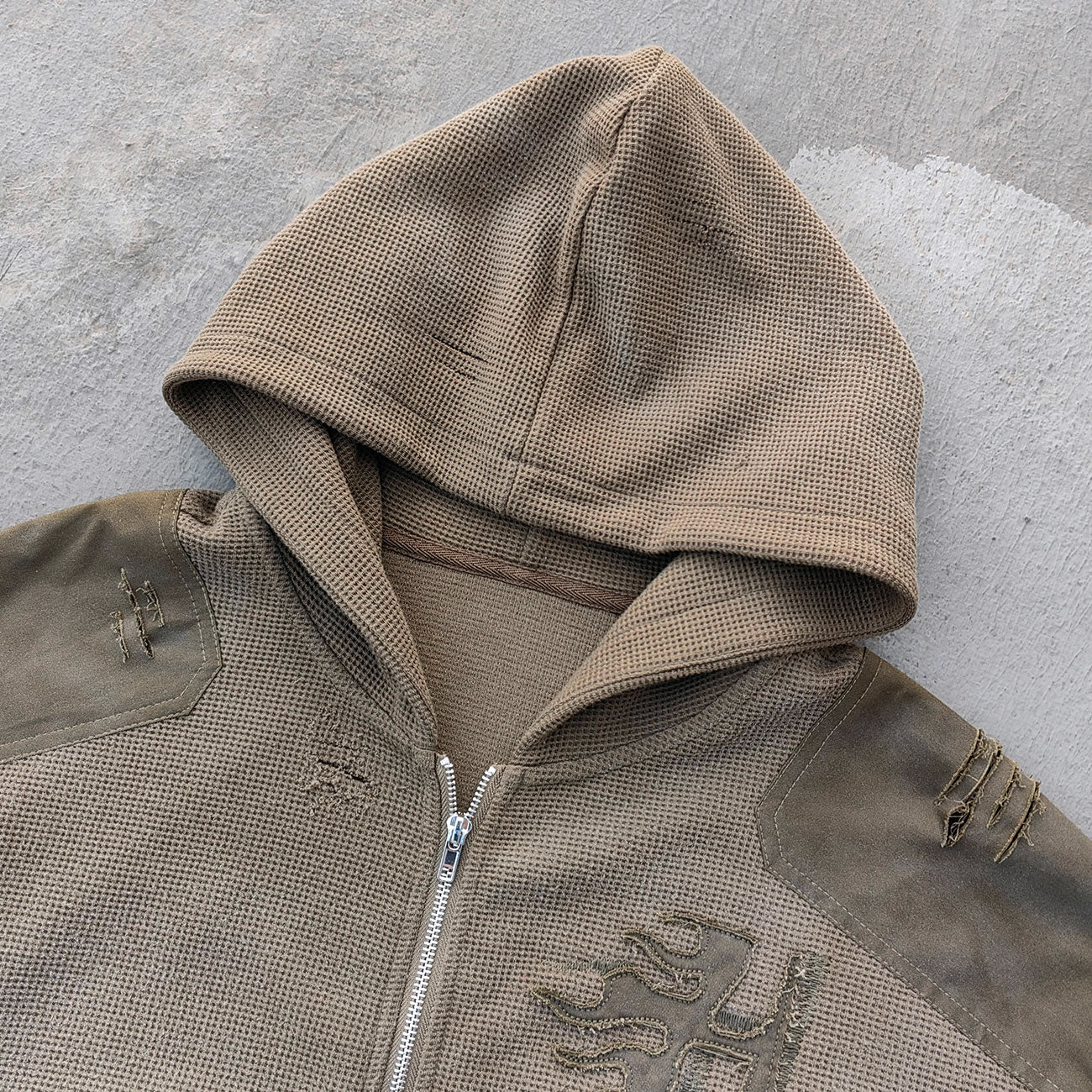 Waffle Knit Zip Up Hoodie - Olive Green Studded Ripped Distressed Y2K Streetwear