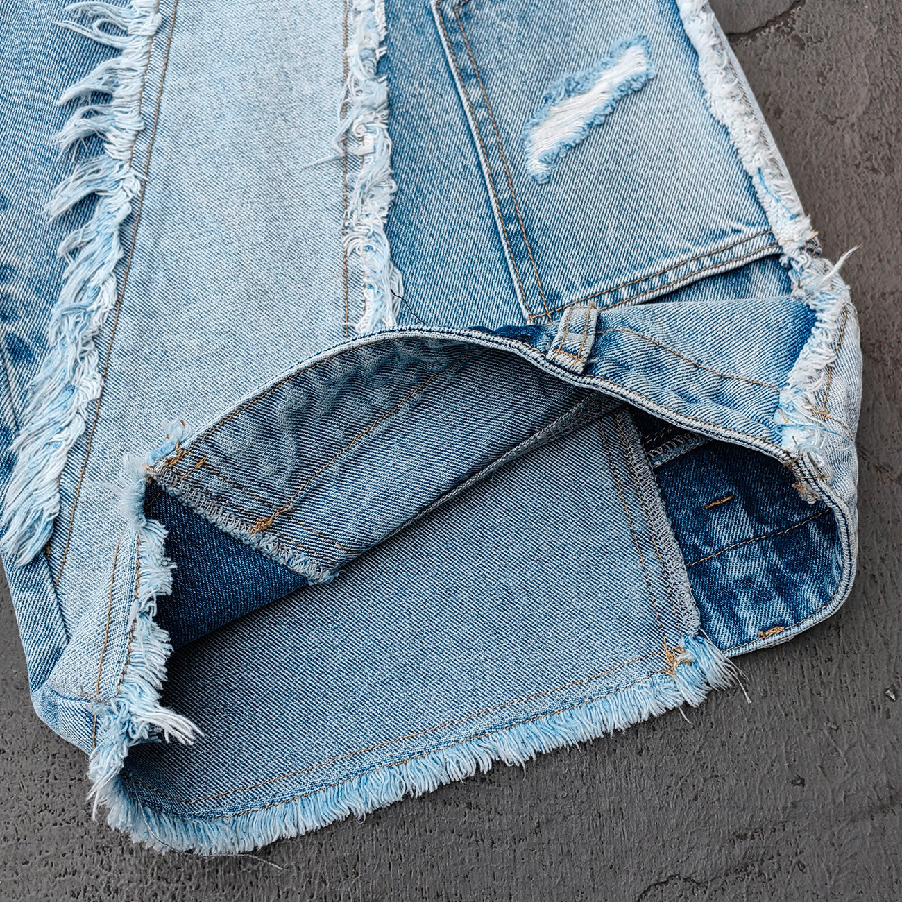 Wide Leg Jeans - Light Blue Acid Wash Frayed Patchwork Ripped Distressed Raw Hem Y2K Streetwear