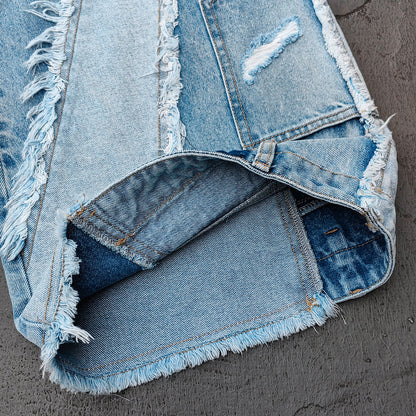 Wide Leg Jeans - Light Blue Acid Wash Frayed Patchwork Ripped Distressed Raw Hem Y2K Streetwear