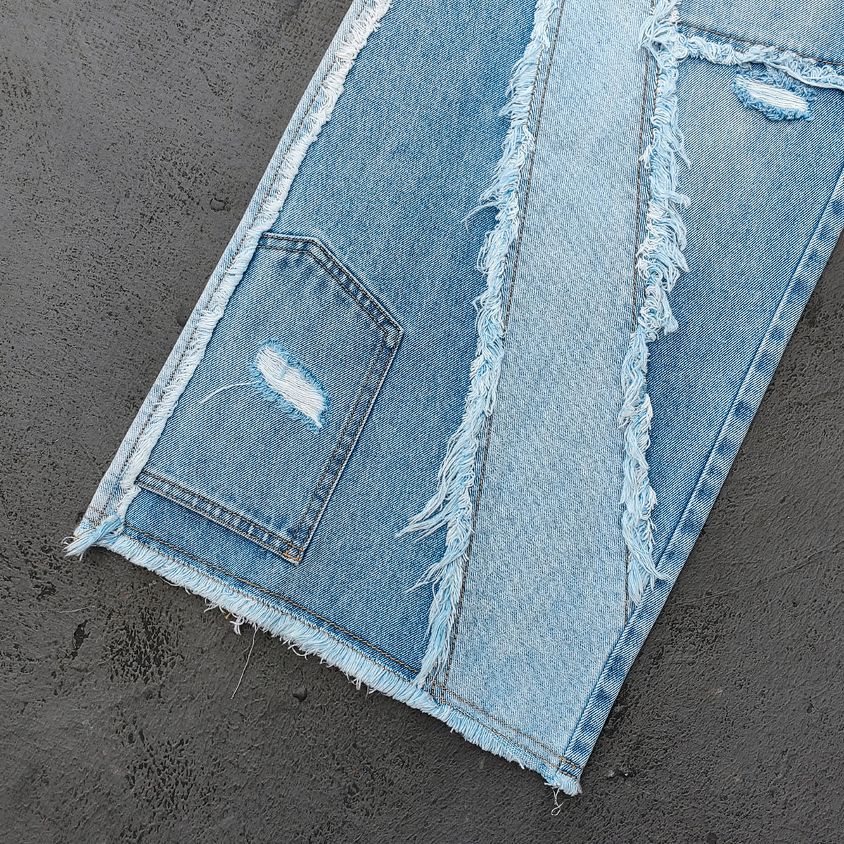 Wide Leg Jeans - Light Blue Acid Wash Frayed Patchwork Ripped Distressed Raw Hem Y2K Streetwear
