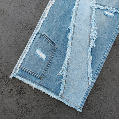 Wide Leg Jeans - Light Blue Acid Wash Frayed Patchwork Ripped Distressed Raw Hem Y2K Streetwear