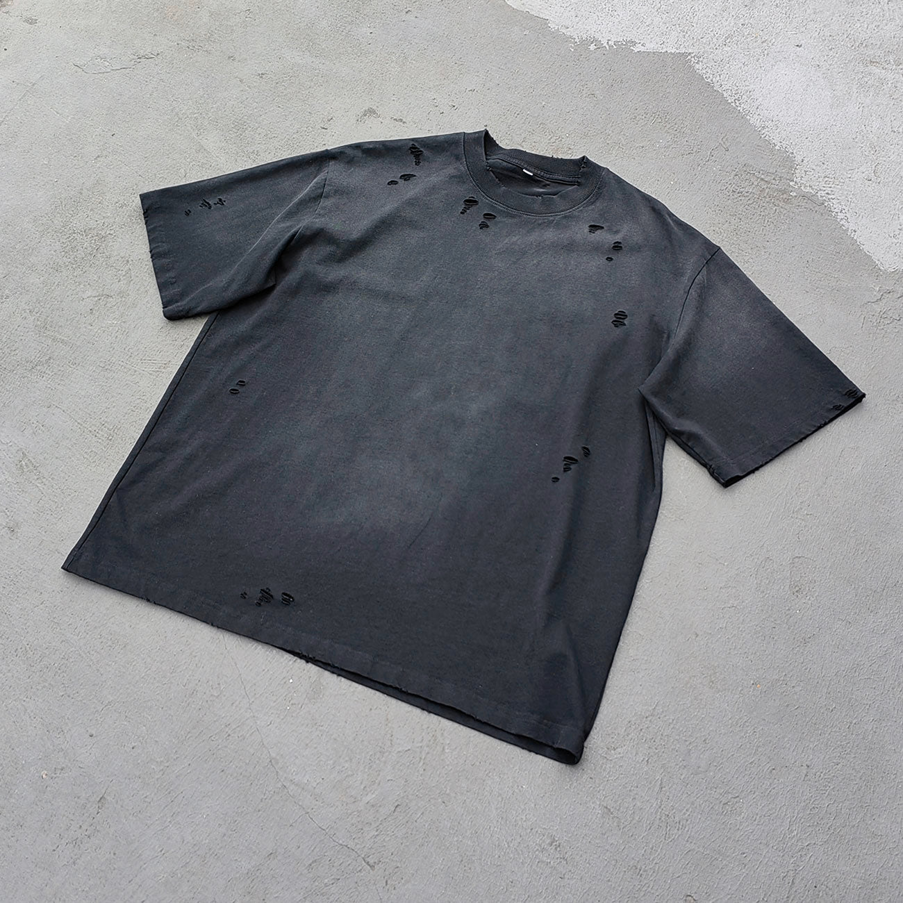 Ripped Distressed T-Shirt - Black Acid Wash Vintage Cut Out Crew Neck Y2K Streetwear
