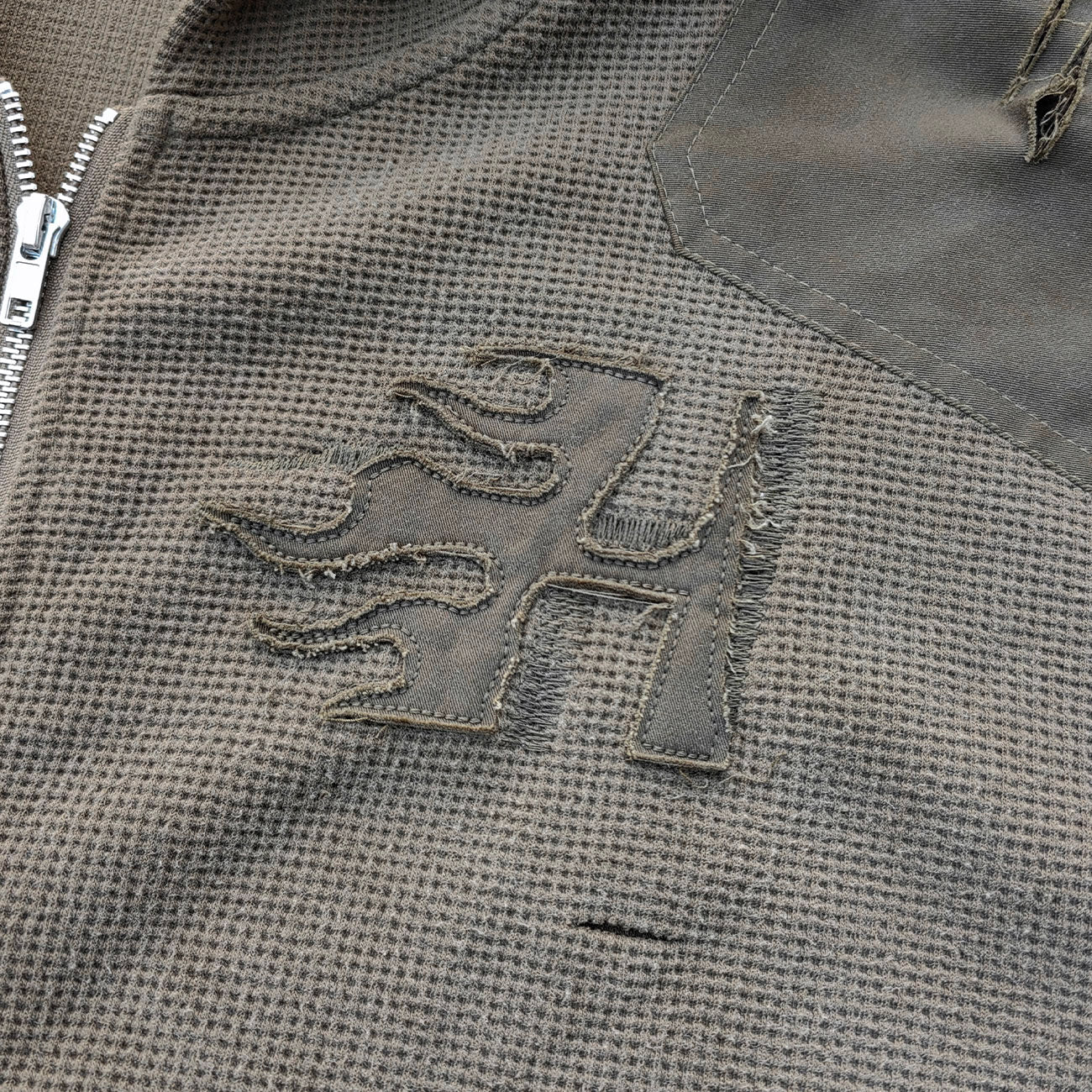 Waffle Knit Zip Up Hoodie - Olive Green Studded Ripped Distressed Y2K Streetwear
