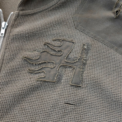 Waffle Knit Zip Up Hoodie - Olive Green Studded Ripped Distressed Y2K Streetwear