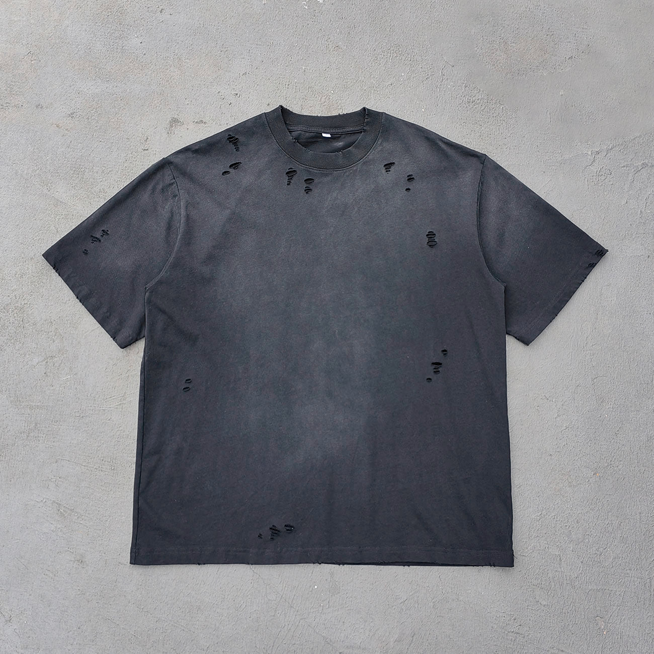 Ripped Distressed T-Shirt - Black Acid Wash Vintage Cut Out Crew Neck Y2K Streetwear