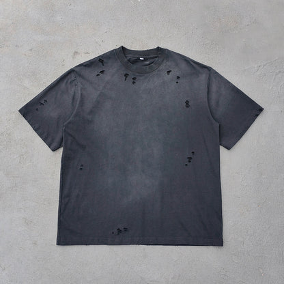 Ripped Distressed T-Shirt - Black Acid Wash Vintage Cut Out Crew Neck Y2K Streetwear