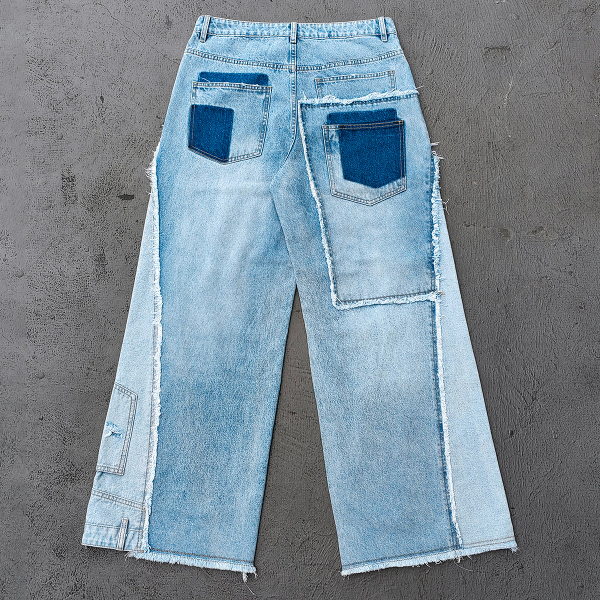 Wide Leg Jeans - Light Blue Acid Wash Frayed Patchwork Ripped Distressed Raw Hem Y2K Streetwear