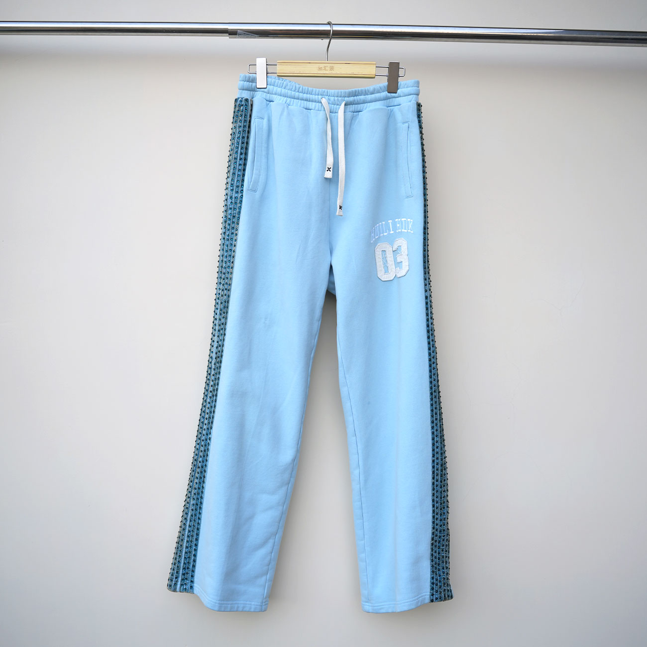 Heavywieght French Terry Sweat Pants Custom Logo Embroidery Patched Wide Leg Men Side Colored Rhinestone Sweatpants