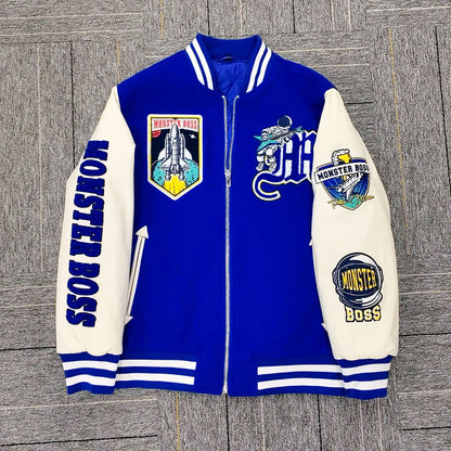 Huili Fabrik Großhandel benutzerdefinierte Logo Chenille Stickerei Letterman College Jacke mit Lederärmeln 